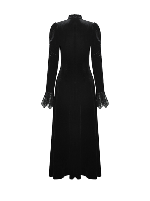 Gothic Style Elegant Stand Collar Gorgeous Velvet Retro Cross Decorated Black Puff Long Sleeves Slim Dress