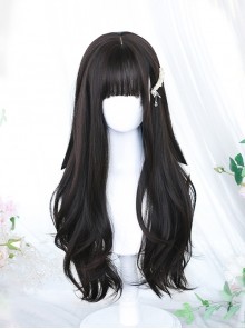 Elegant Gentle Lady Daily Long Curly Flat Bangs Natural Black Long Hair Classic Lolita Full Head Wig