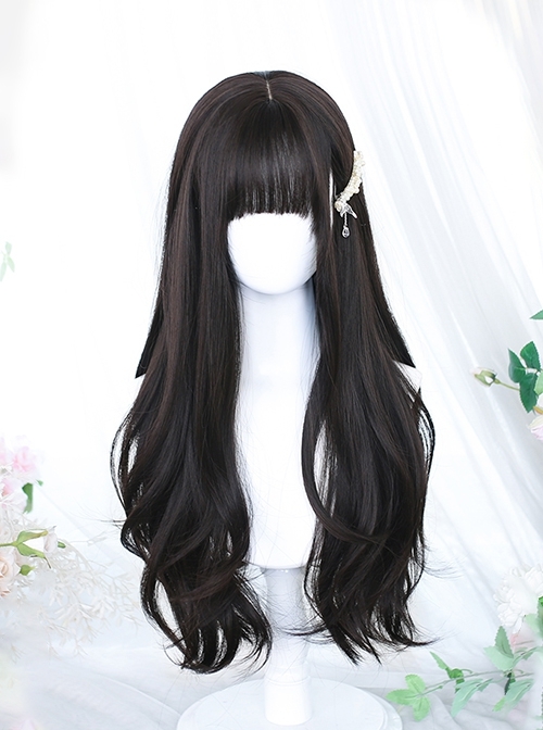 Elegant Gentle Lady Daily Long Curly Flat Bangs Natural Black Long Hair Classic Lolita Full Head Wig