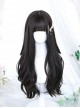 Elegant Gentle Lady Daily Long Curly Flat Bangs Natural Black Long Hair Classic Lolita Full Head Wig
