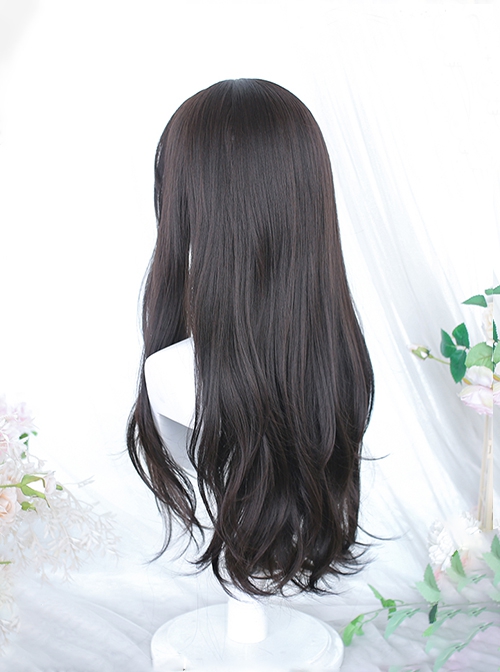 Elegant Gentle Lady Daily Long Curly Flat Bangs Natural Black Long Hair Classic Lolita Full Head Wig