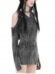Punk Style Tattered Design V Neck Sexy Ripped Off Shoulder Gray Long Sleeves Slim Hooded Top