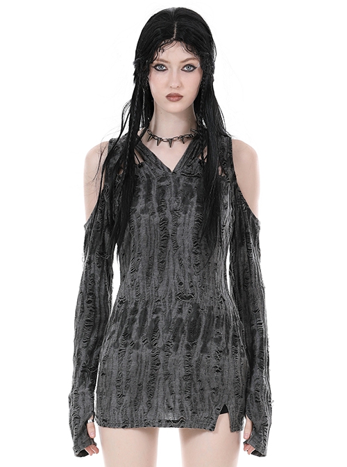Punk Style Tattered Design V Neck Sexy Ripped Off Shoulder Gray Long Sleeves Slim Hooded Top