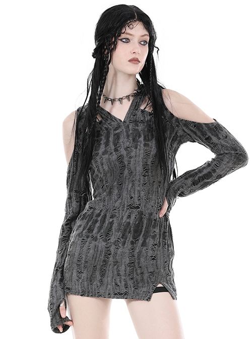 Punk Style Tattered Design V Neck Sexy Ripped Off Shoulder Gray Long Sleeves Slim Hooded Top