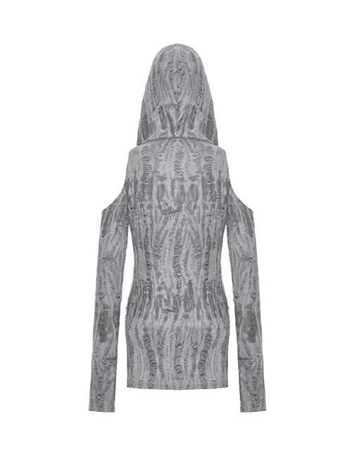 Punk Style Tattered Design V Neck Sexy Ripped Off Shoulder Gray Long Sleeves Slim Hooded Top