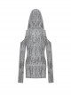 Punk Style Tattered Design V Neck Sexy Ripped Off Shoulder Gray Long Sleeves Slim Hooded Top