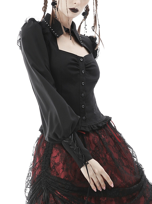 Gothic Style Elegant Victorian Lapel Chest Hollow Ruffle Decoration Black Retro Lantern Sleeves Blouse