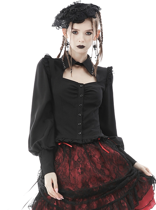 Gothic Style Elegant Victorian Lapel Chest Hollow Ruffle Decoration Black Retro Lantern Sleeves Blouse