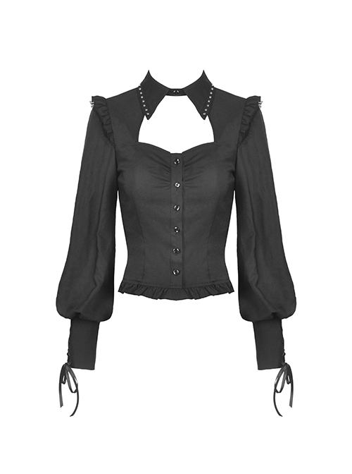 Gothic Style Elegant Victorian Lapel Chest Hollow Ruffle Decoration Black Retro Lantern Sleeves Blouse