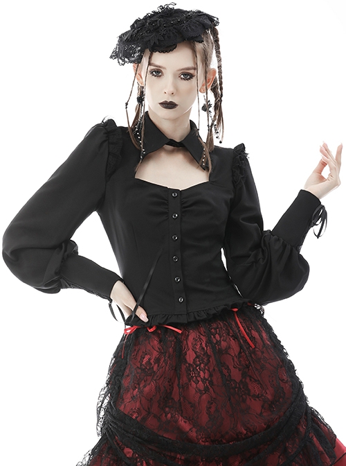 Gothic Style Elegant Victorian Lapel Chest Hollow Ruffle Decoration Black Retro Lantern Sleeves Blouse