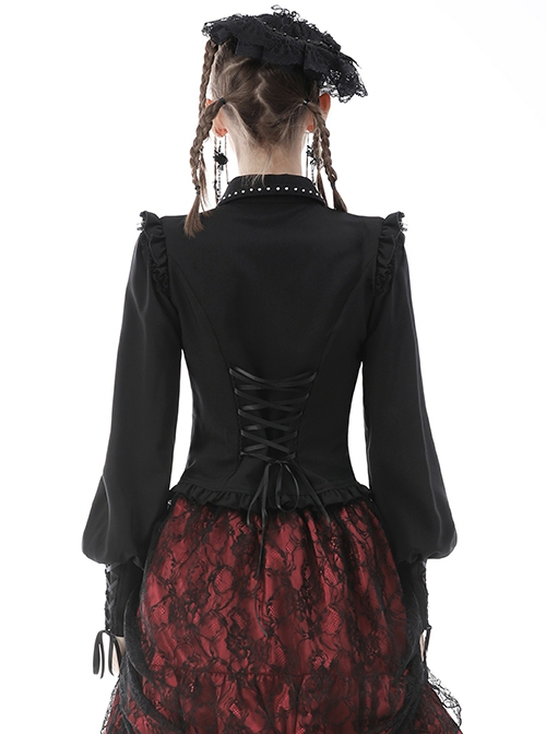 Gothic Style Elegant Victorian Lapel Chest Hollow Ruffle Decoration Black Retro Lantern Sleeves Blouse