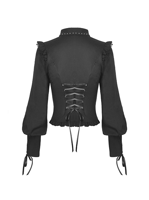 Gothic Style Elegant Victorian Lapel Chest Hollow Ruffle Decoration Black Retro Lantern Sleeves Blouse
