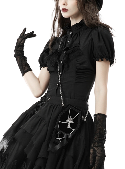 Gothic Style Retro Stand Collar Palace Ruffle Neckline Elegant Black Puff Short Sleeves Slim Blouse