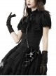 Gothic Style Retro Stand Collar Palace Ruffle Neckline Elegant Black Puff Short Sleeves Slim Blouse