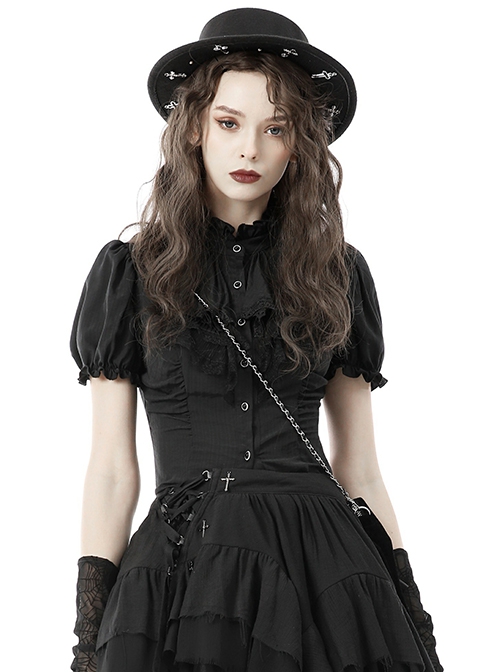 Gothic Style Retro Stand Collar Palace Ruffle Neckline Elegant Black Puff Short Sleeves Slim Blouse