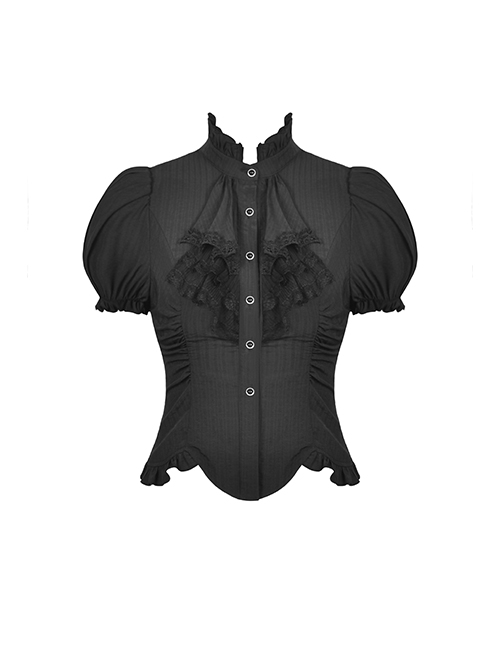 Gothic Style Retro Stand Collar Palace Ruffle Neckline Elegant Black Puff Short Sleeves Slim Blouse