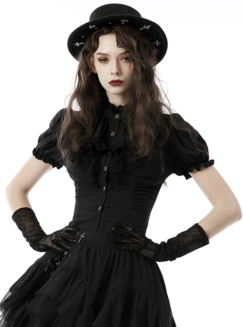 Gothic Style Retro Stand Collar Palace Ruffle Neckline Elegant Black Puff Short Sleeves Slim Blouse