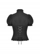 Gothic Style Retro Stand Collar Palace Ruffle Neckline Elegant Black Puff Short Sleeves Slim Blouse