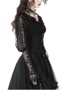 Gothic Style Sexy V Neck Ultra Thin See Through Lace Elegant Ribbon Black Retro Long Sleeves Slim Blouse