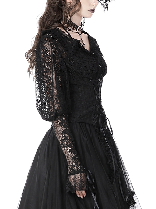 Gothic Style Sexy V Neck Ultra Thin See Through Lace Elegant Ribbon Black Retro Long Sleeves Slim Blouse