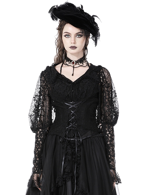Gothic Style Sexy V Neck Ultra Thin See Through Lace Elegant Ribbon Black Retro Long Sleeves Slim Blouse