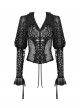 Gothic Style Sexy V Neck Ultra Thin See Through Lace Elegant Ribbon Black Retro Long Sleeves Slim Blouse