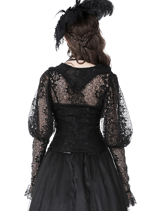 Gothic Style Sexy V Neck Ultra Thin See Through Lace Elegant Ribbon Black Retro Long Sleeves Slim Blouse