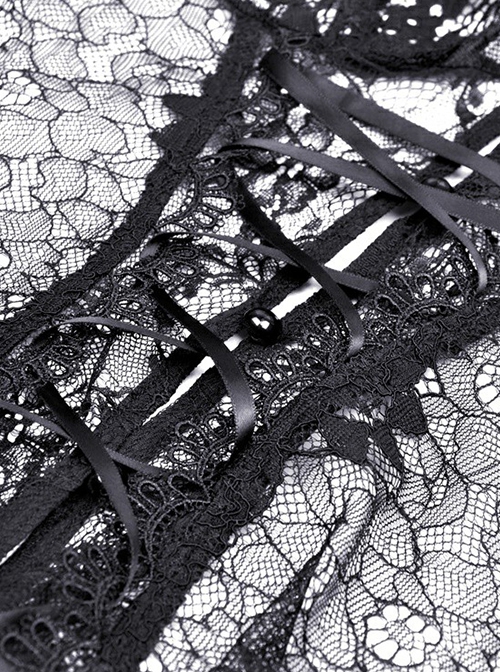 Gothic Style Sexy V Neck Ultra Thin See Through Lace Elegant Ribbon Black Retro Long Sleeves Slim Blouse