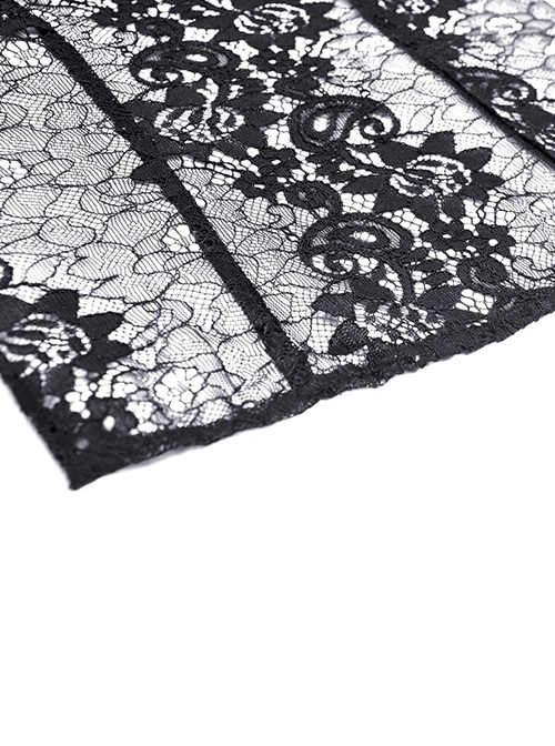 Gothic Style Sexy V Neck Ultra Thin See Through Lace Elegant Ribbon Black Retro Long Sleeves Slim Blouse