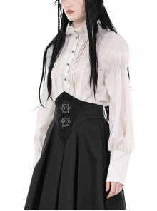 Steampunk Style Retro Stand Collar Lace Ruffled Bronze Button Loose Off White Long Sleeves Blouse