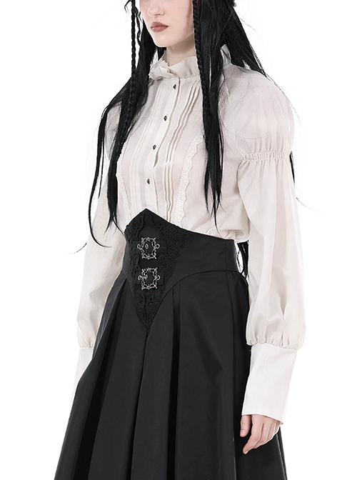 Steampunk Style Retro Stand Collar Lace Ruffled Bronze Button Loose Off White Long Sleeves Blouse