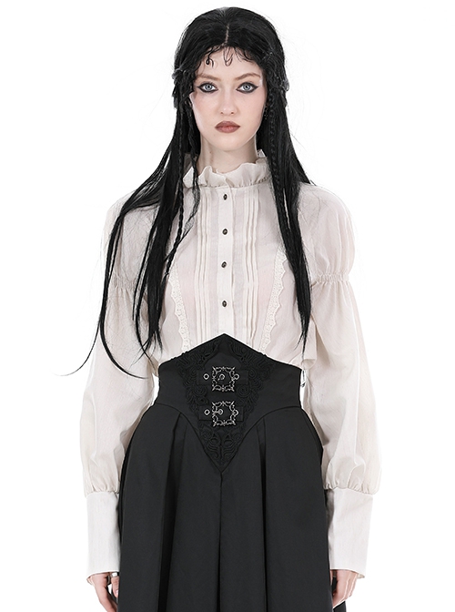 Steampunk Style Retro Stand Collar Lace Ruffled Bronze Button Loose Off White Long Sleeves Blouse