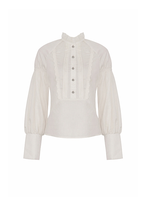 Steampunk Style Retro Stand Collar Lace Ruffled Bronze Button Loose Off White Long Sleeves Blouse