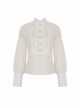Steampunk Style Retro Stand Collar Lace Ruffled Bronze Button Loose Off White Long Sleeves Blouse