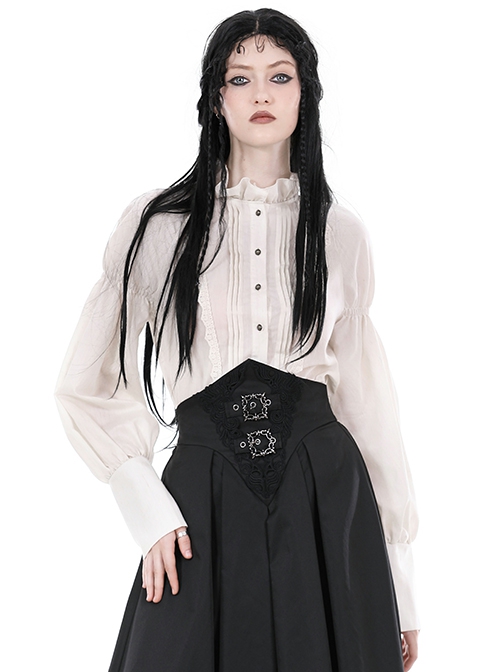 Steampunk Style Retro Stand Collar Lace Ruffled Bronze Button Loose Off White Long Sleeves Blouse
