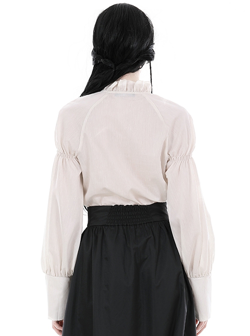 Steampunk Style Retro Stand Collar Lace Ruffled Bronze Button Loose Off White Long Sleeves Blouse