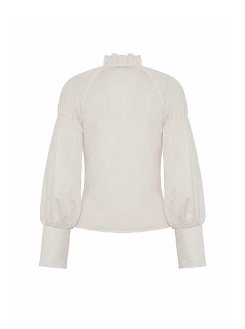 Steampunk Style Retro Stand Collar Lace Ruffled Bronze Button Loose Off White Long Sleeves Blouse