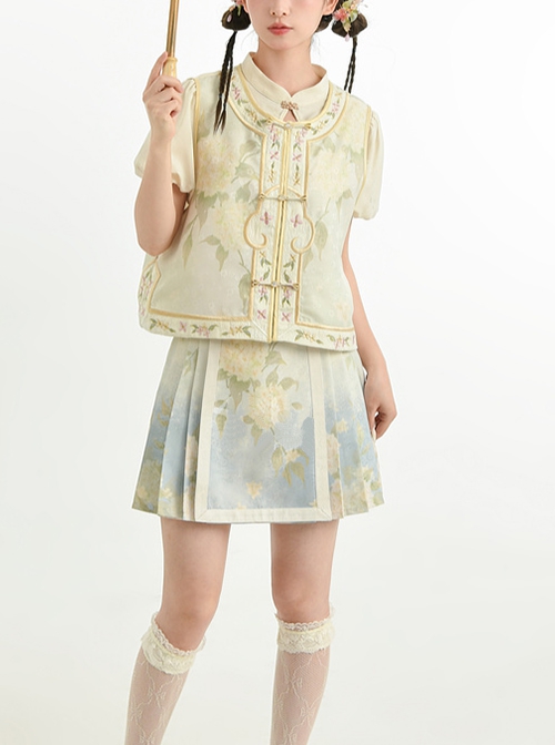 New Chinese Style Elegant Green Watercolor Flower Branch Print Short Printed Horse Face Skirt Vest Shirt Hanfu Set