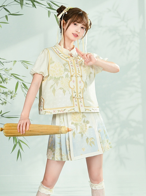 New Chinese Style Elegant Green Watercolor Flower Branch Print Short Printed Horse Face Skirt Vest Shirt Hanfu Set