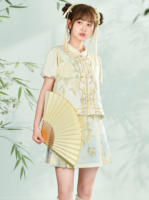 New Chinese Style Elegant Green Watercolor Flower Branch Print Short Printed Horse Face Skirt Vest Shirt Hanfu Set