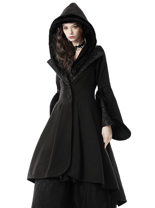Gothic Style Witch Detachable Plush Trimmed Hat Delicate Lapels Elegant Black Warm Wool Coat