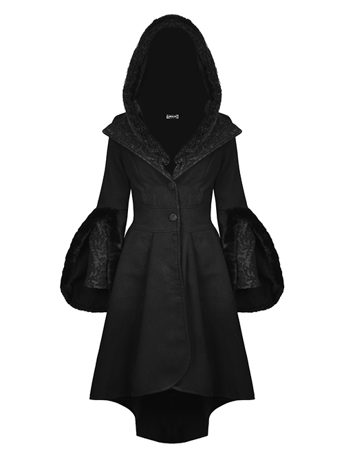Gothic Style Witch Detachable Plush Trimmed Hat Delicate Lapels Elegant Black Warm Wool Coat