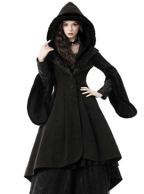 Gothic Style Witch Detachable Plush Trimmed Hat Delicate Lapels Elegant Black Warm Wool Coat