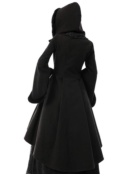 Gothic Style Witch Detachable Plush Trimmed Hat Delicate Lapels Elegant Black Warm Wool Coat
