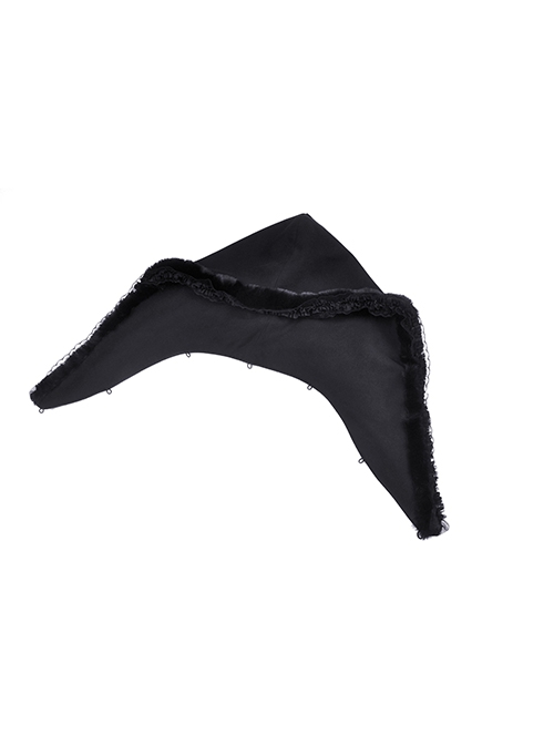 Gothic Style Witch Detachable Plush Trimmed Hat Delicate Lapels Elegant Black Warm Wool Coat