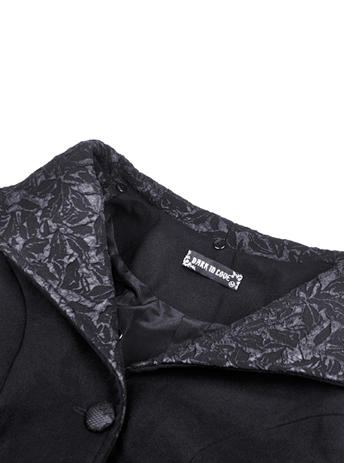 Gothic Style Witch Detachable Plush Trimmed Hat Delicate Lapels Elegant Black Warm Wool Coat