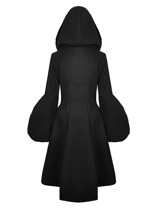 Gothic Style Witch Detachable Plush Trimmed Hat Delicate Lapels Elegant Black Warm Wool Coat