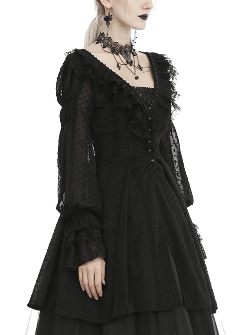 Gothic Style V Neck Delicate Lace Frill Thin Mesh Back Hollow Lace Elegant Black Chiffon Long Sleeves Coat