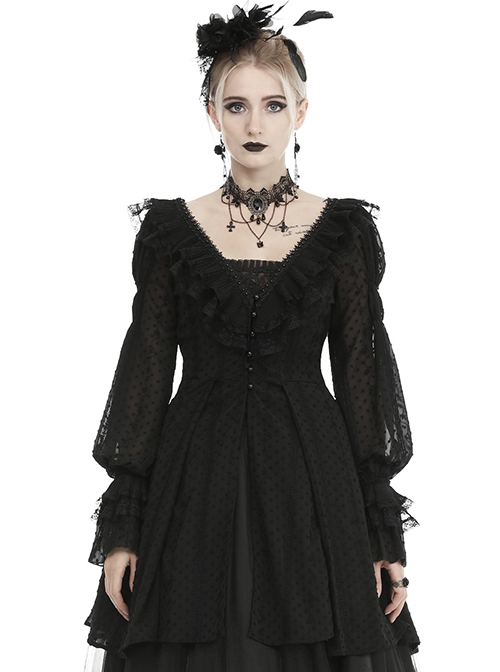 Gothic Style V Neck Delicate Lace Frill Thin Mesh Back Hollow Lace Elegant Black Chiffon Long Sleeves Coat
