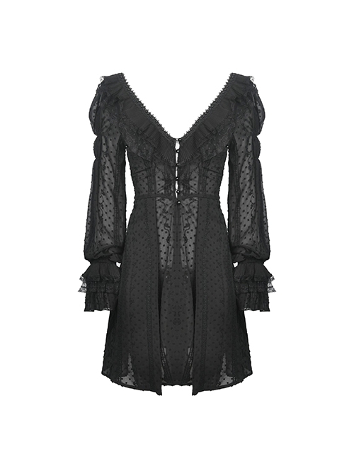 Gothic Style V Neck Delicate Lace Frill Thin Mesh Back Hollow Lace Elegant Black Chiffon Long Sleeves Coat